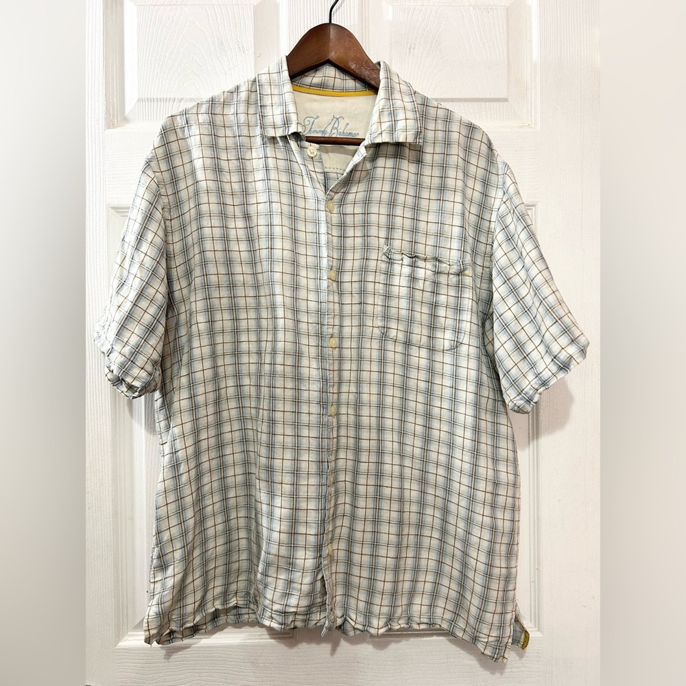 Tommy Bahama Men's Short Sleeve Plaid Button-Up Shirt Linen Silk Blue Tan Sz L